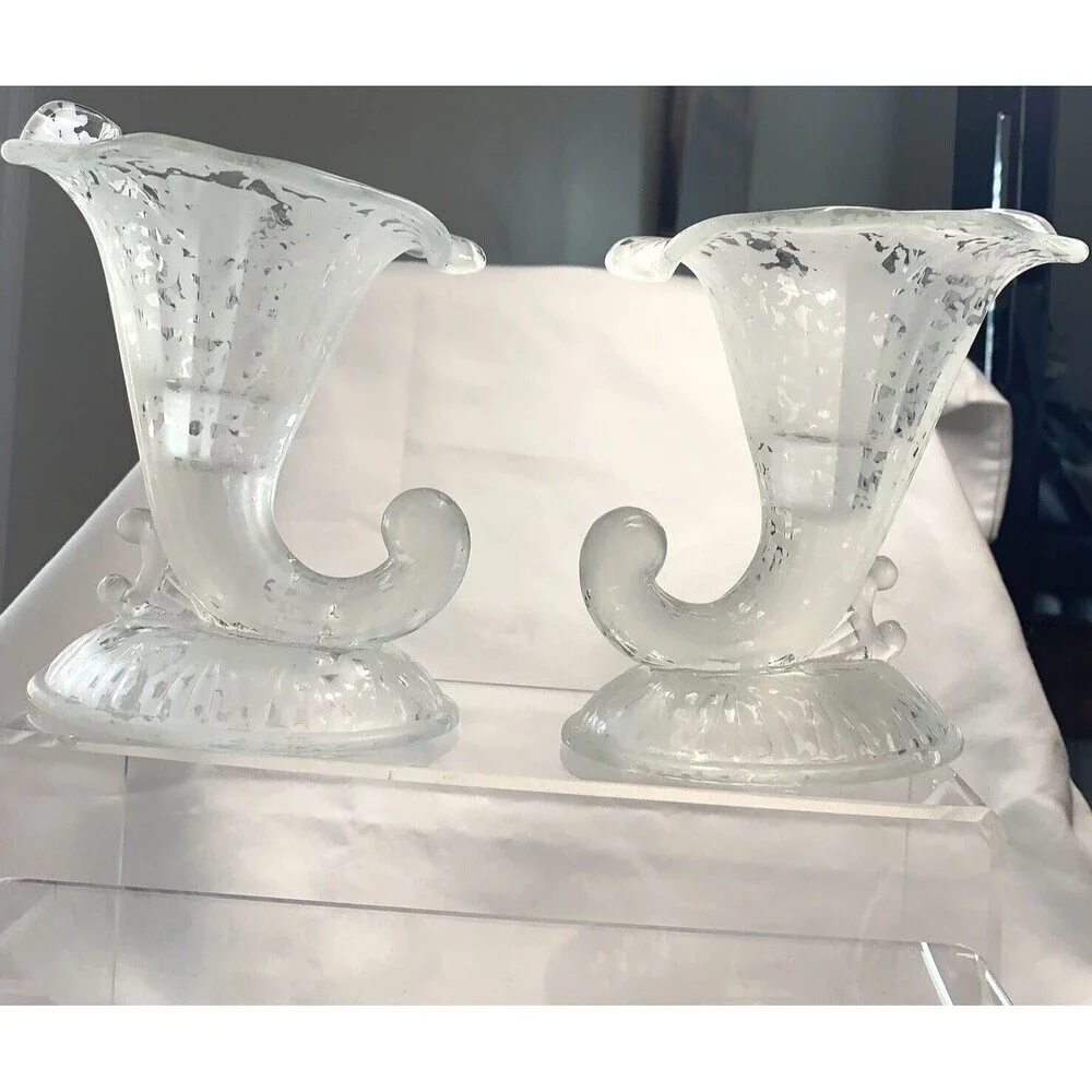 Fenton San Toy Crystal Pair Cornucopias Candle Holders Frosted Etching VTG